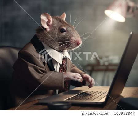 Anthropomorphic rat in business suit sitting at his desk with laptop at work in its office Anthropomorphic rat in business suit sitting at his desk with laptop at work in its office 103958847