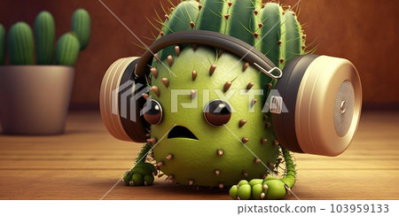 Cactus wearing headphones working out in gym cute. Generative AI AIG16. 103959133