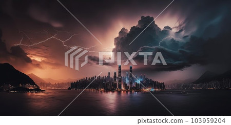 Destructive and powerful thunder storm strike metropolis city with thunderbolt 103959204