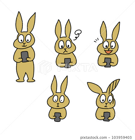一隻兔子看著智能手機的插圖 103959403