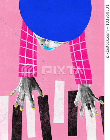 Young person playing piano against pink background. Expression of feelings through melody. Contemporary art collage. 103959531