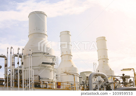 Offshore construction platform for production oil and gas. Oil and gas industry and hard work. Production platform and operation process by manual and auto function from control room. 103959553