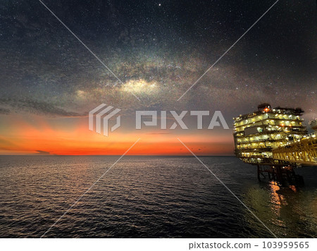 Offshore construction platform for production oil and gas. Oil and gas industry and hard work. Production platform and operation process by manual and auto function from control room. 103959565