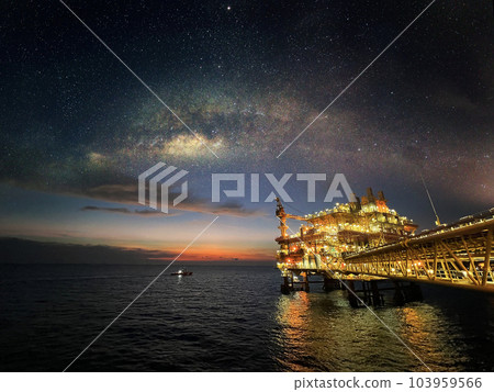 Offshore construction platform for production oil and gas. Oil and gas industry and hard work. Production platform and operation process by manual and auto function from control room. 103959566