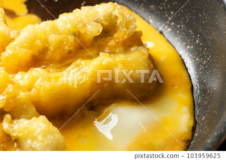 Tempura (conger eel) egg binding cooking scene. Fried leftovers remake image. Tempura (conger eel) egg binding cooking scene. Fried leftovers remake image. 103959625