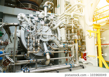 Machine turbine in oil and gas plant for drive compressor unit for operation. Turbine working with long time and controlled logic by automation system, machine stand by for maintenance routine job. 103960049