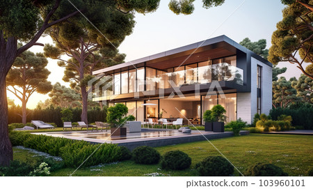 Landscaped home garden with patio, beautiful modern villa in summer, generative AI. Landscaped home garden with patio, beautiful modern villa in summer, generative AI. 103960101