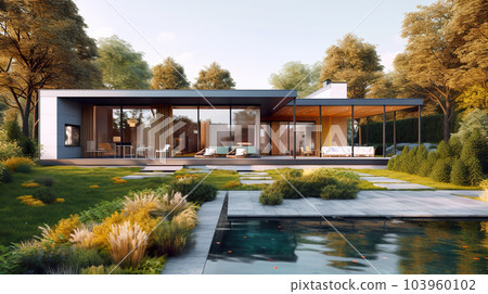 Landscaped home garden with patio and pool, modern house in summer, generative AI 103960102