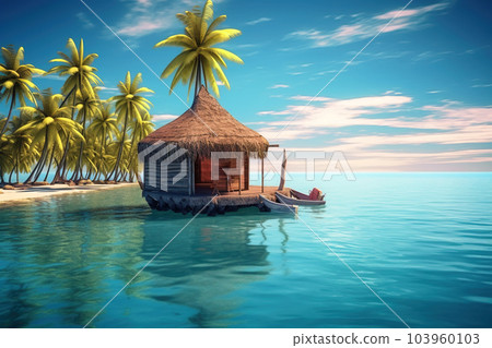 Tropical island with palm trees and hut surrounded blue water, generative AI. 103960103