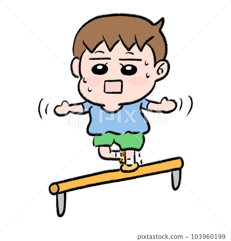 Boy standing on one leg Boy standing on one leg 103960199