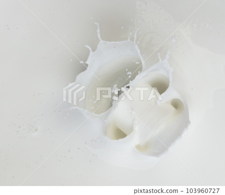 Cosmetic container white lotion droplet fly splashing. Milk lotion pour float to cosmetic bottle. Moisturizer lotion explosion spill. White background isolated high speed shutter freeze top view Cosmetic container white lotion droplet fly splashing. Milk lotion pour float to cosmetic bottle. Moisturizer lotion explosion spill. White background isolated high speed shutter freeze top view 103960727
