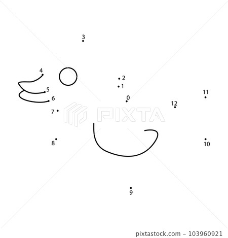 Connect the dots game. Duck printable worksheet for kids. Can be used as children coloring book. Stock vector illustration isolated on white in black outline style. 103960921