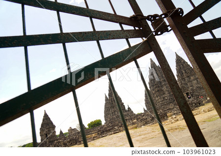 Prambanan temple complex and locked gates Prambanan temple complex and locked gates 103961023