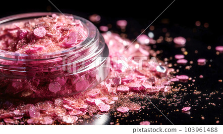 Makeup cosmetics, glittery loose face shadows or blush, glitters in jar, pink glitter background, barbicor style. Beauty concept 103961488