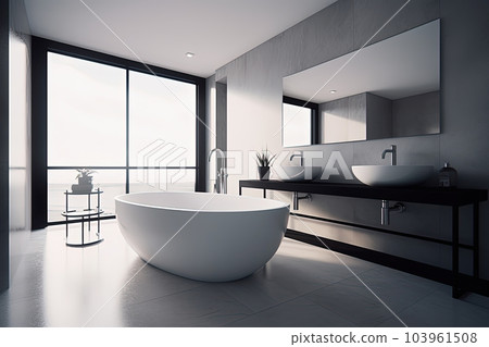 Luxury minimalist bathroom interior design. Modern big white bathtub. Generative AI 103961508