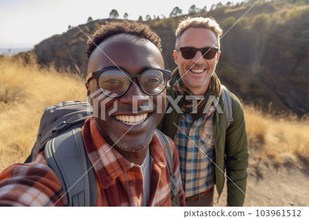 Active middle aged interracial gay couple hiking, fall season sunshine outdoors. Soft focus, sunshine blur. Generative AI 103961512