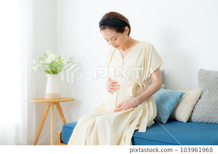 Pregnant woman living room 103961968