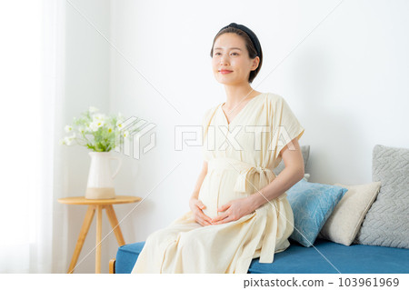 Pregnant woman living room 103961969