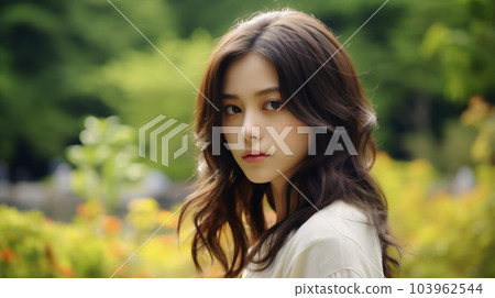清新綠色公園中年輕女子的肖像（生成式 AI） 103962544
