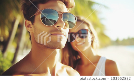 A man and woman wearing sunglasses on a tropical beach AI-generated image Couple with sunglasses 103962882