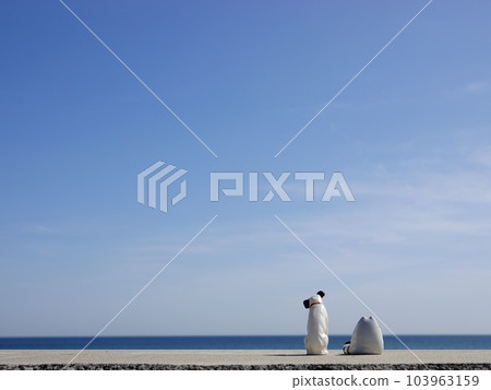 從碼頭看海和天的公仔“貓狗”形像風景 103963159