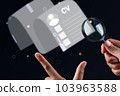 Recruitment concept. Human Resource Manager finds new people to join an organization or support a cause. Someone holds magnifying glass. Composite image with CV hologram. 103963588