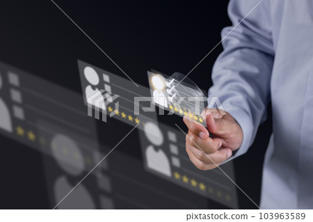 Recruitment concept. Human Resource Manager finds new people to join an organization or support a cause. The man uses AI hologram to find a best person. 103963589