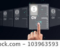 Recruitment concept. Human Resource Manager chooses new people to join an organization or support a cause. The man uses AI hologram to find a best person. 103963593