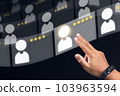 Recruitment concept. Human Resource Manager chooses new people to join an organization or support a cause. The man uses AI hologram to find a best person. 103963594