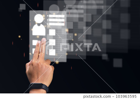 Recruitment concept. Human Resource Manager finds new people to join an organization or support a cause. The man uses AI hologram to find a best person. 103963595