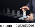 Recruitment concept. Human Resource Manager chooses new people to join an organization or support a cause. CV holograms are happened on smartphone. 103963596