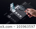 Recruitment concept. Human Resource Manager finds new people to join an organization or support a cause. Someone holds magnifying glass. Composite image with hologram. 103963597