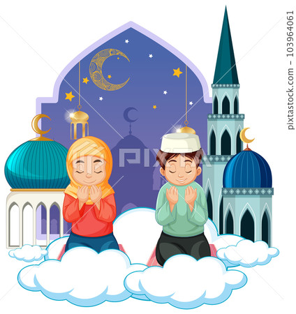 Muslim Couple Praying Cartoon Character 103964061