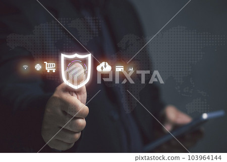 online security concept. Businessman scans his fingerprints to verify his/her identity with the system to conduct transactions in various fields, finance, banking, industry, engineering. online security concept. Businessman scans his fingerprints to verify his/her identity with the system to conduct transactions in various fields, finance, banking, industry, engineering. 103964144