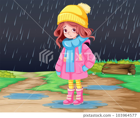 Girl out in the rain in winter Girl out in the rain in winter 103964577