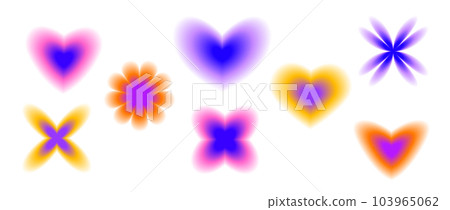 Smooth blurred gradient flowers and hearts set. Y2K blurry aura shape collection. Colorful abstract trendy elements for logo, templates, badges, stickers, collages. Vector pack  103965062