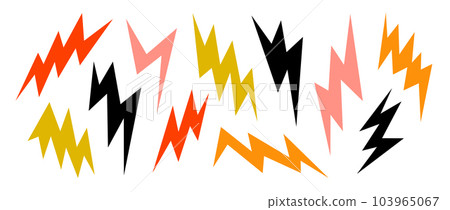 Colorful lightning bolt set. Bright thunderbolt collection. Flash symbols in cartoon colors. Lightning strike signs. Vector illustration Colorful lightning bolt set. Bright thunderbolt collection. Flash symbols in cartoon colors. Lightning strike signs. Vector illustration 103965067