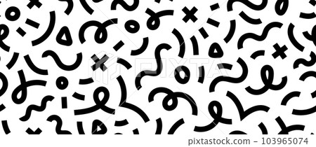 Abstract doodle squiggly lines seamless pattern. Black and white childish scribble repeating background. Childish shapes and curved wavy stripes wallpaper. Vector backdrop Abstract doodle squiggly lines seamless pattern. Black and white childish scribble repeating background. Childish shapes and curved wavy stripes wallpaper. Vector backdrop 103965074