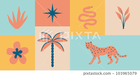Pink tropical icon set Vector design material including exotic plants and animals 103965079