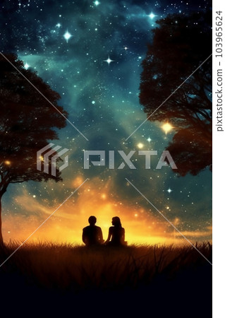 couple sitting under the stars beautiful sky 103965624