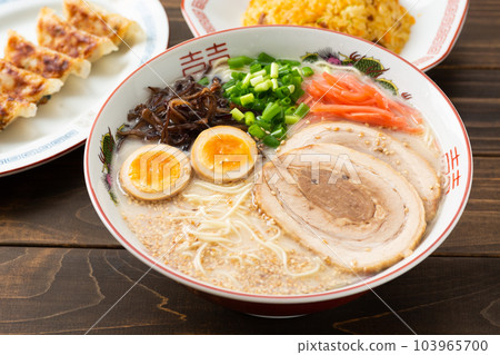 Tonkotsu ramen, dumplings and fried rice Tonkotsu ramen, dumplings and fried rice 103965700