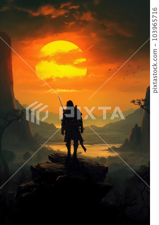Silhoutette of a warrior in front of a mountain 103965716