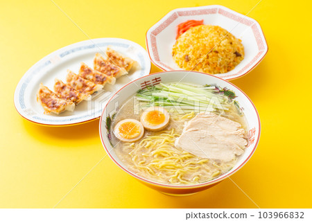 Chicken salt ramen, dumplings and fried rice Chicken salt ramen, dumplings and fried rice 103966832