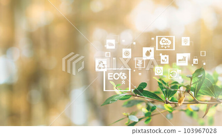 Sustainable energy and smart technology icon on blurred nature background, Environmental and Ecology concept. AI, Futuristic Smart virtual screen, Internet of things, social media, big data, metaverse 103967028