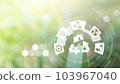 Blured green leave background and Smart technology with Internet of things futuristic agriculture concept, Sustainable energy, Metaverse, AI Futuristic Smart virtual interface. 103967040