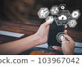Hand of business woman use smart phone, futuristic ai technology, Internet of things, social media and big data concept,  everthing with one finger click on hologarphic interface 103967042