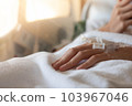 Closeup woman Hand of a patient with medical drip or IV drip lying on bed in hospital, Patient with drip receiving a saline solution. free space for text 103967046