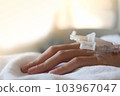 Closeup woman Hand of a patient with medical drip or IV drip lying on bed in hospital, Patient with drip receiving a saline solution. free space for text 103967047