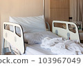 Recovery Room with empty bed and comfortable medical equipped in a hospital. Mattress with white cloth	 103967049