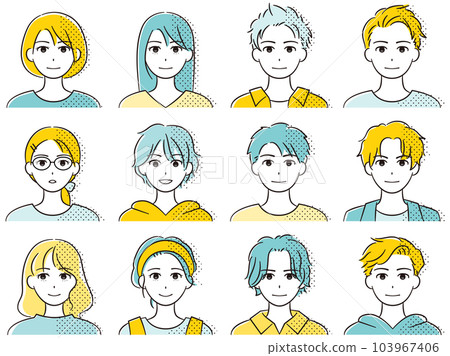 Faces of young Asian men and women 12 patterns 2 colors + halftone 103967406